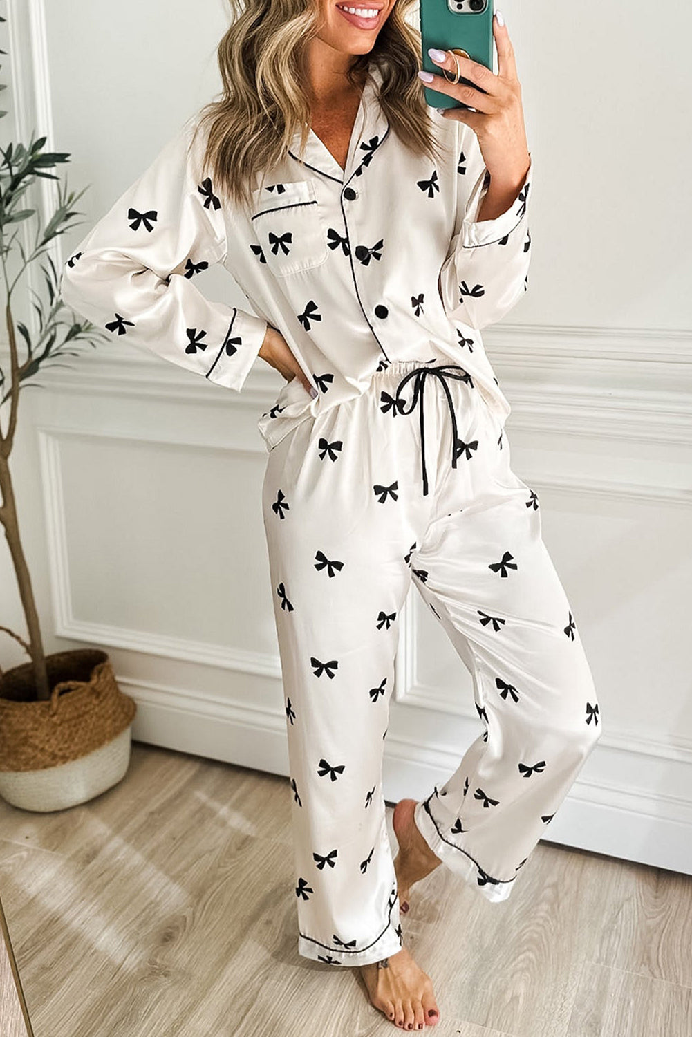 Midnight Bow Satin Pajama Set