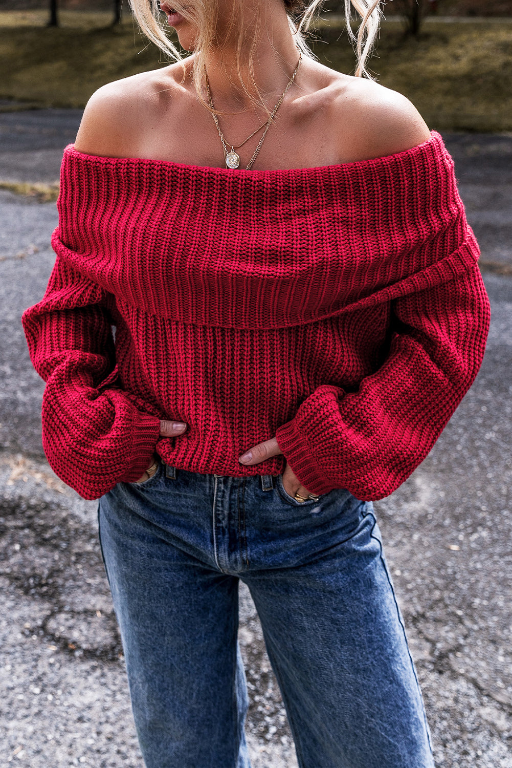 Scarlet Whisper Off-Shoulder Sweater