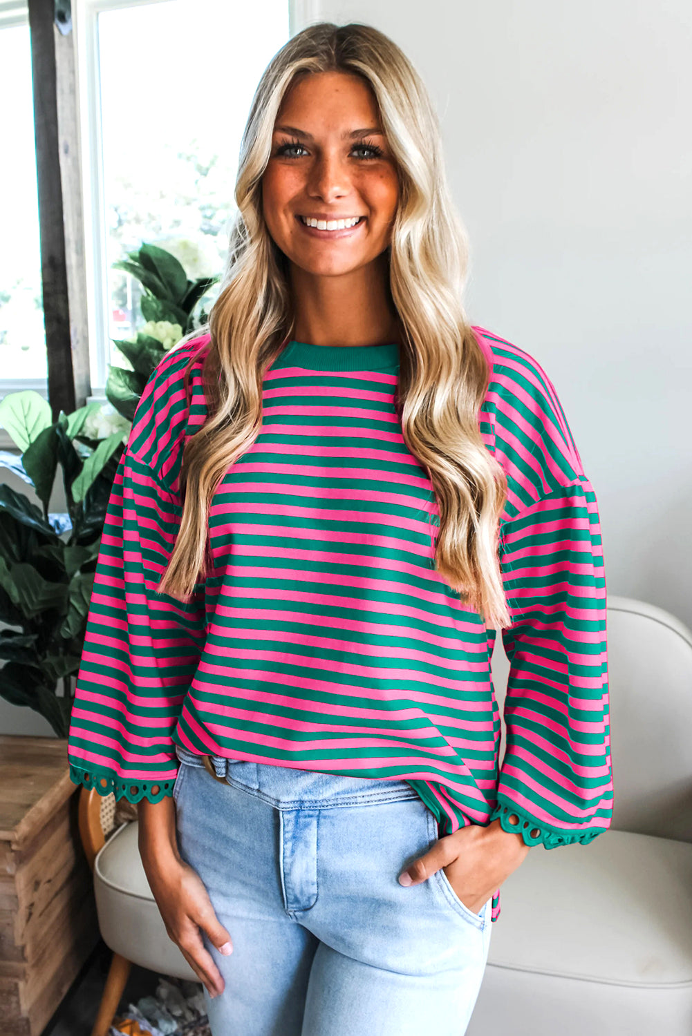 Coastal Stripe Lace Trim Top