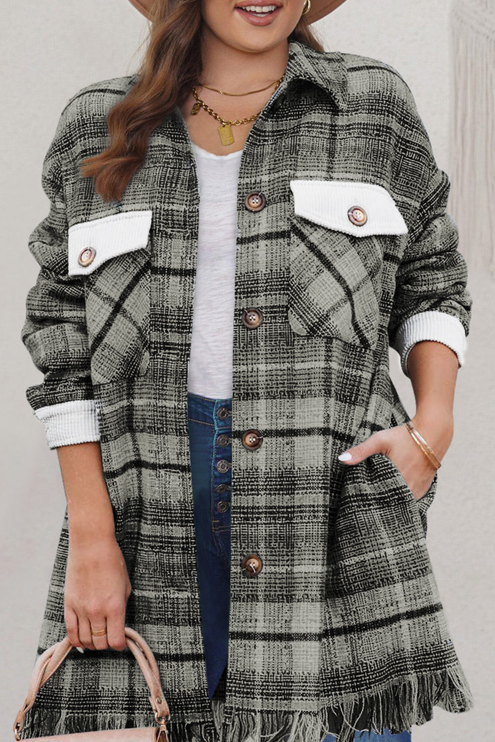 Boho Fringe Plaid Tweed Shacket