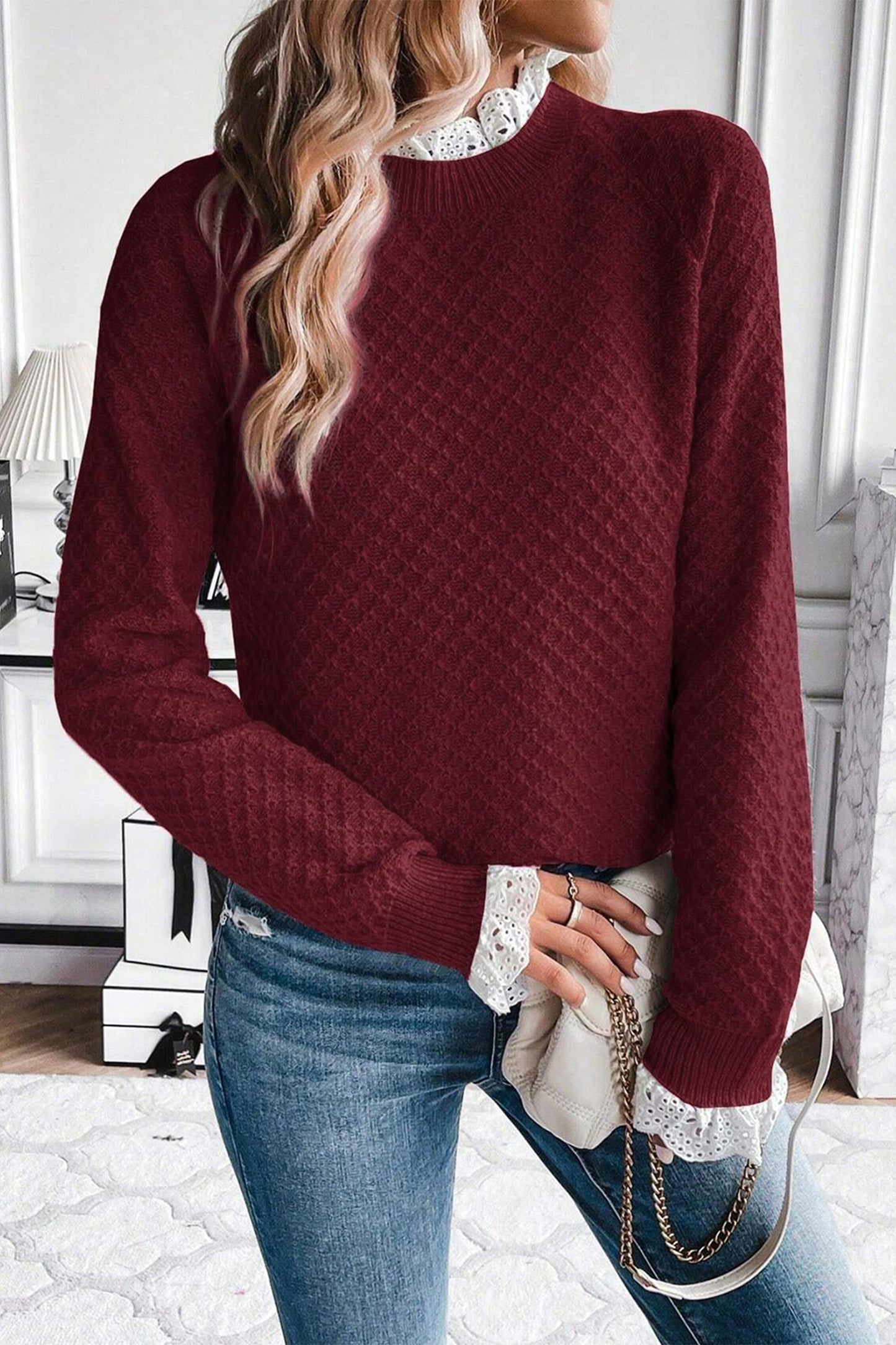 Crimson Lace Trim Sweater