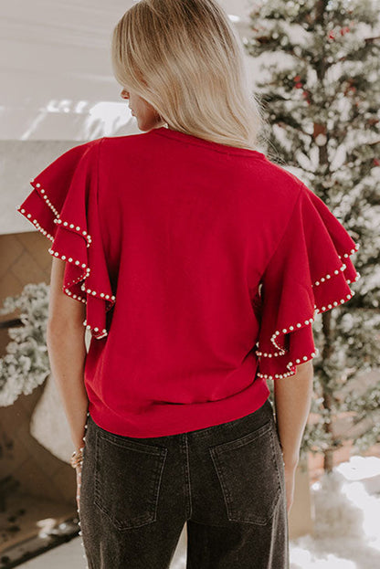 Peppermint Pearl Ruffle Short Sleeve Sweater