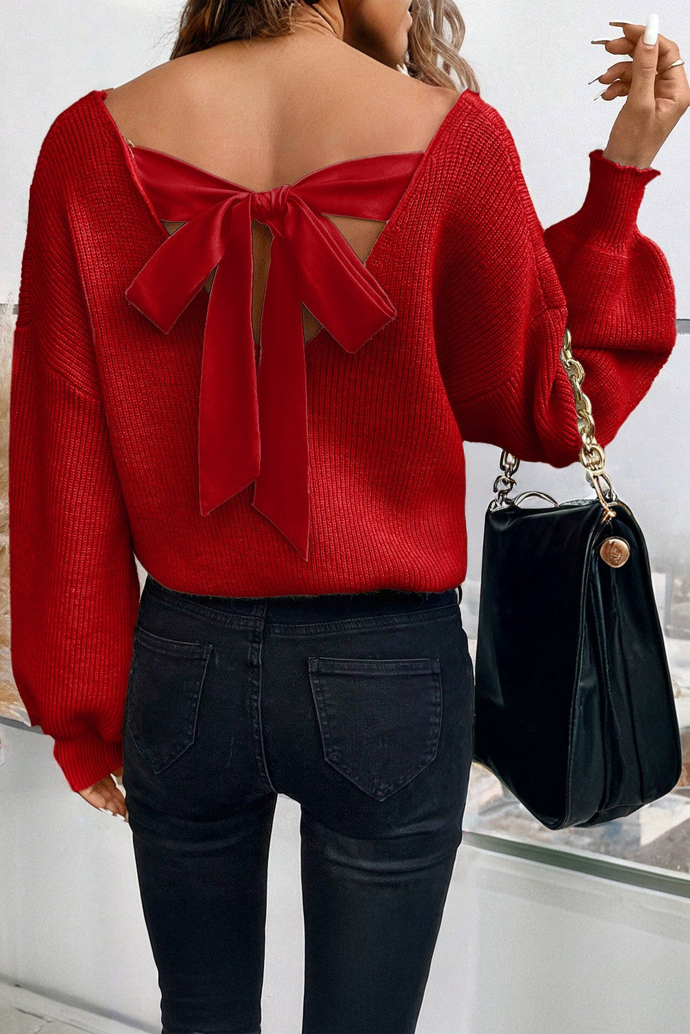 Scarlet Bow-Back Lantern Sleeve Sweater