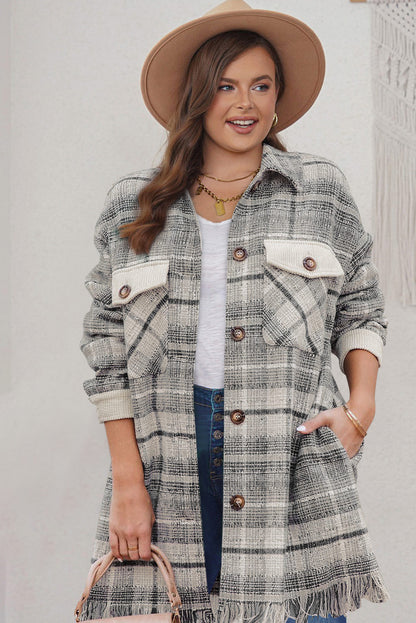Boho Fringe Plaid Tweed Shacket
