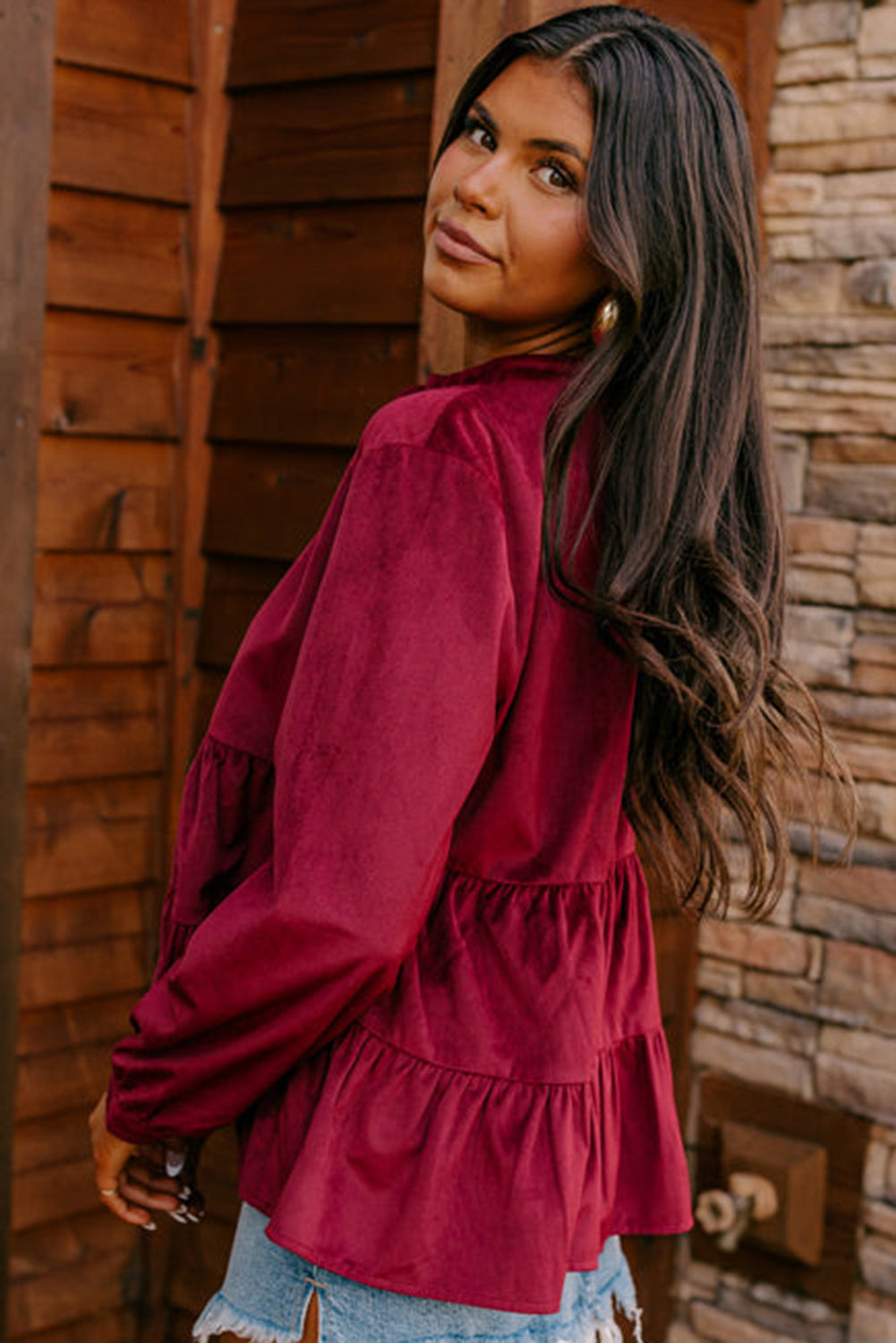 Cranberry Corduroy Tiered Blouse