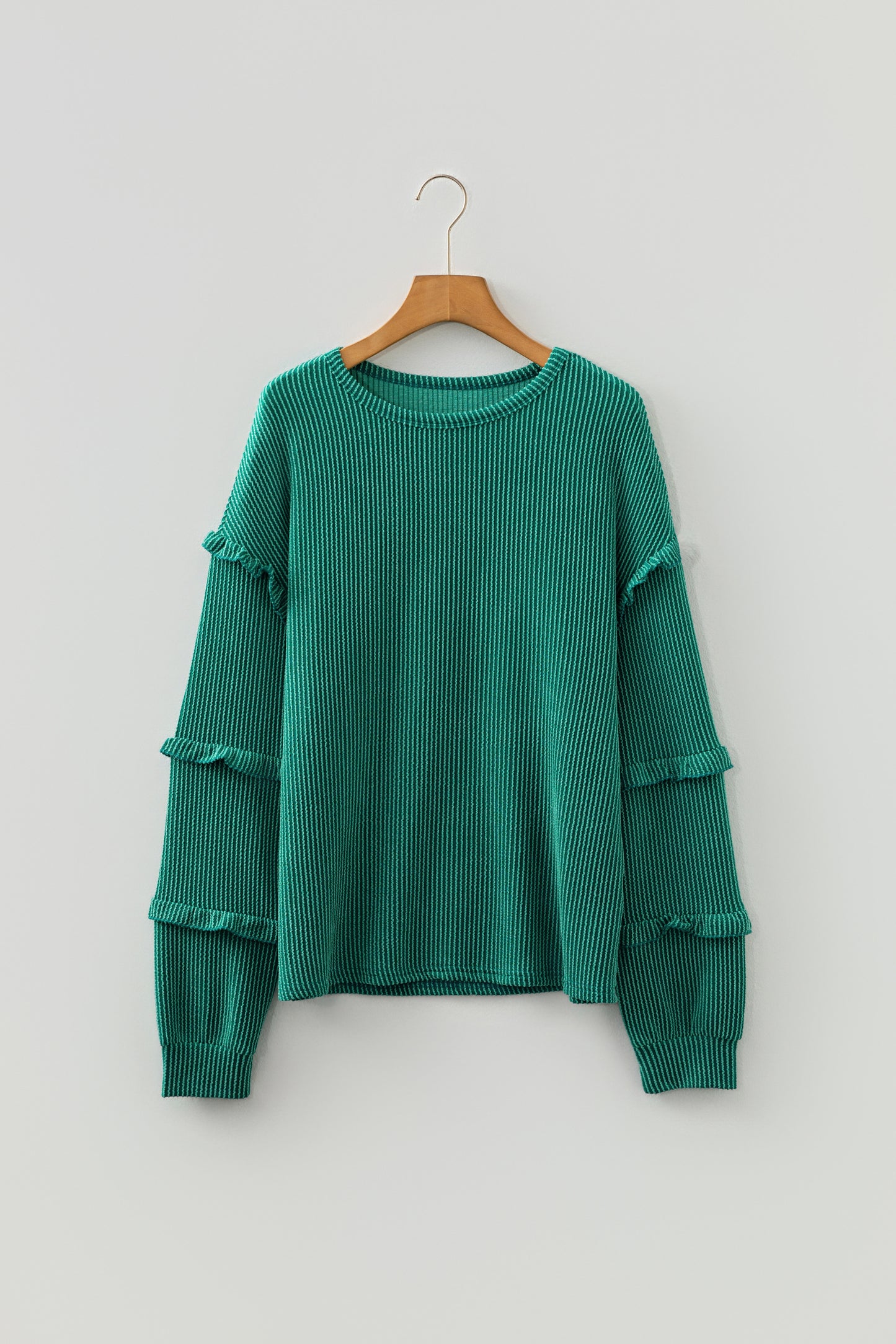 Emerald Whisper Ruffle Knit Top
