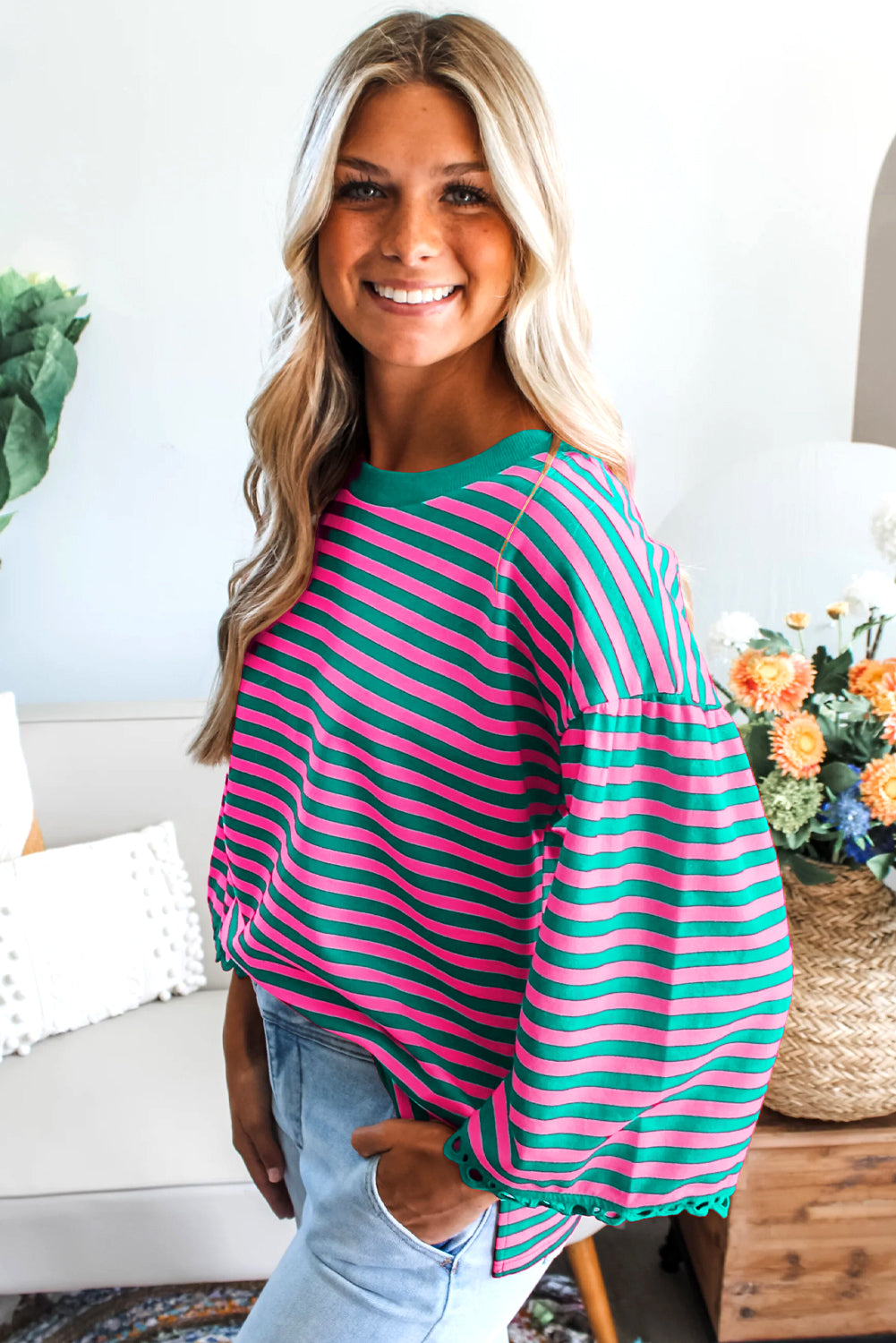 Coastal Stripe Lace Trim Top