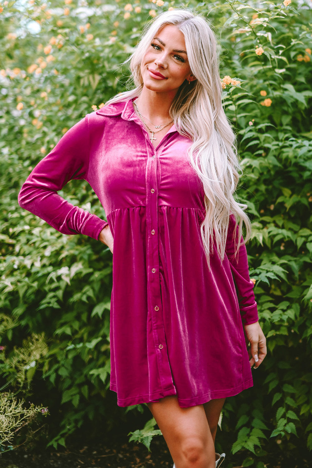 Cranberry Velvet Shirt Dress
