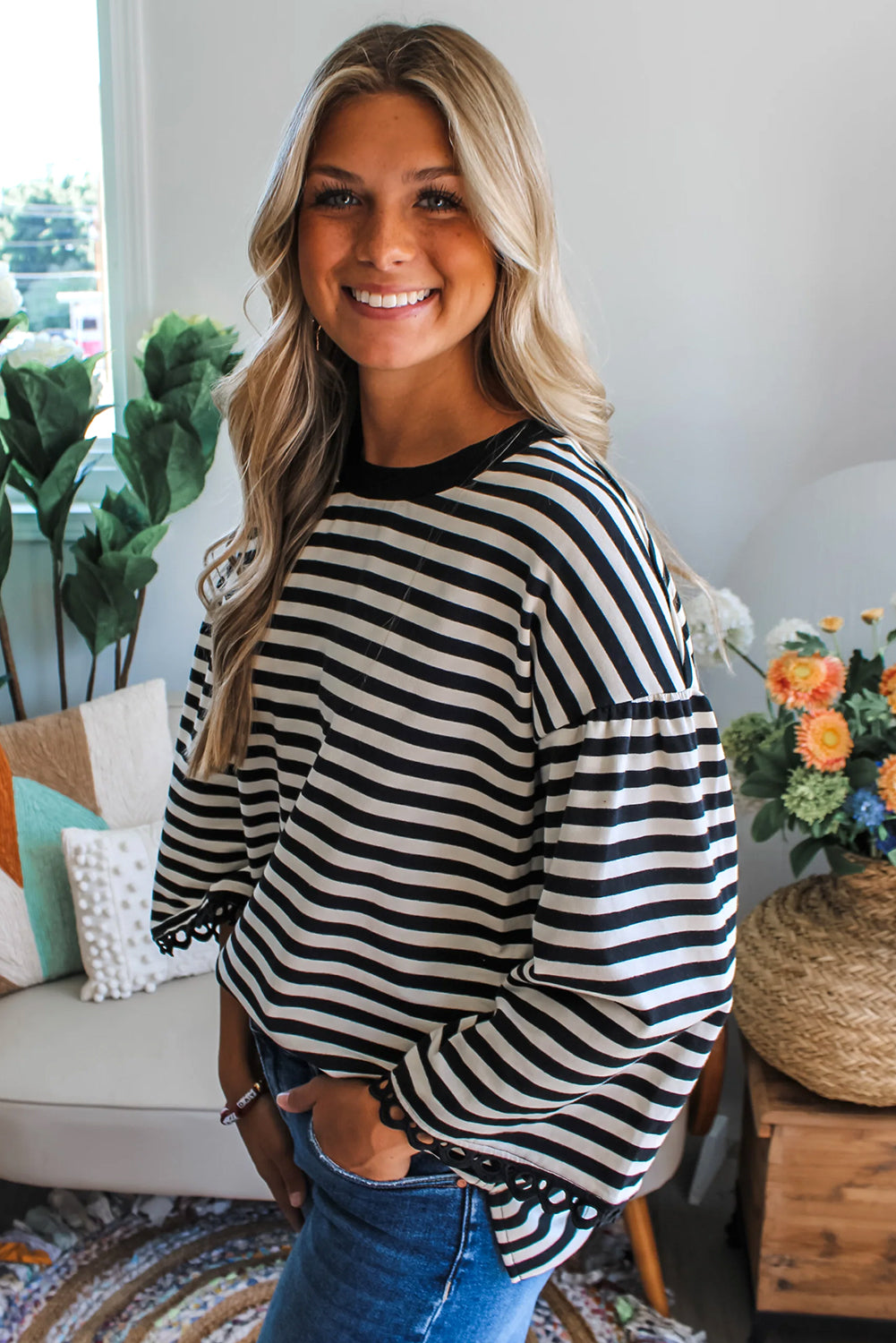Coastal Stripe Lace Trim Top
