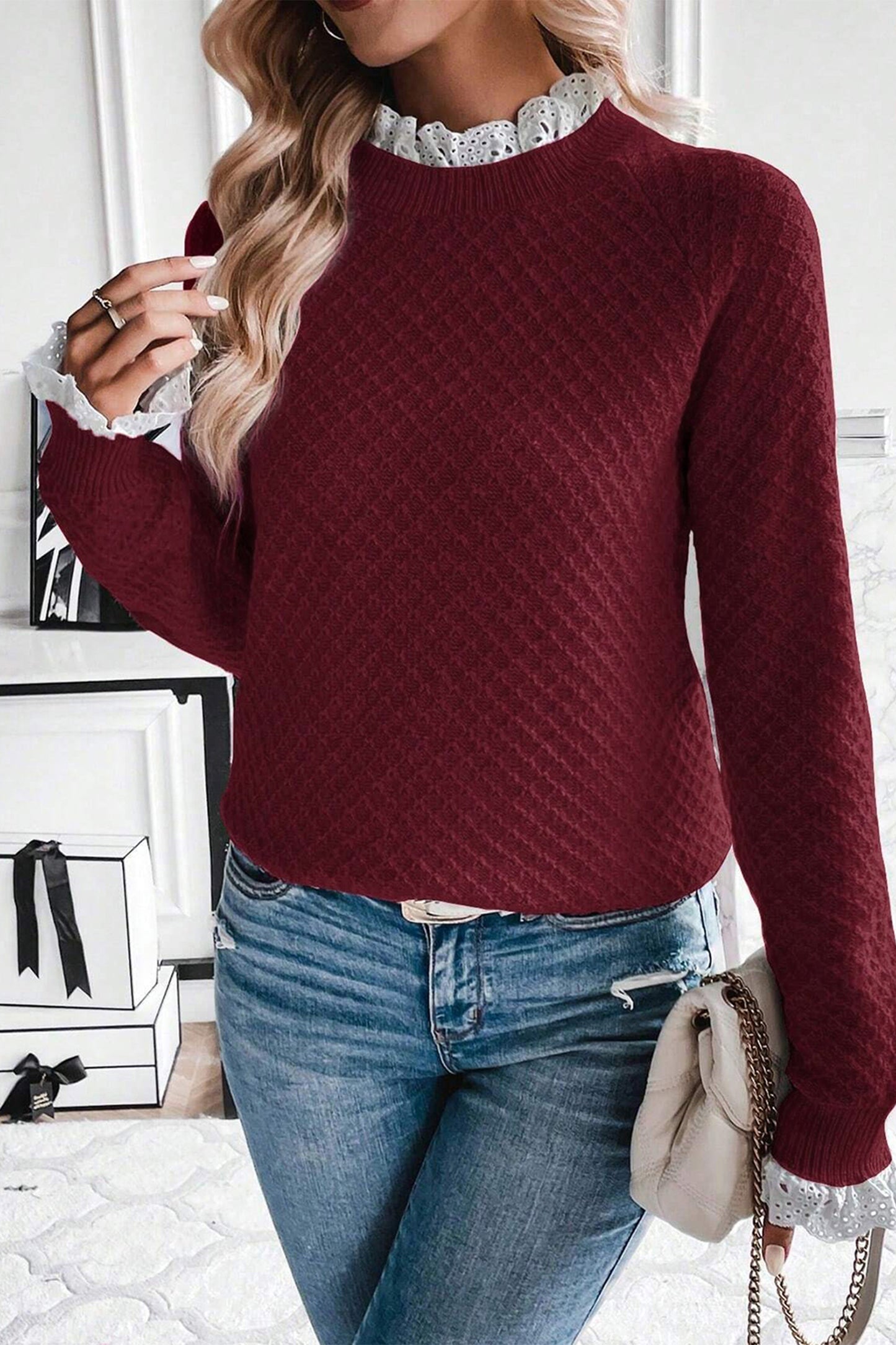 Crimson Lace Trim Sweater