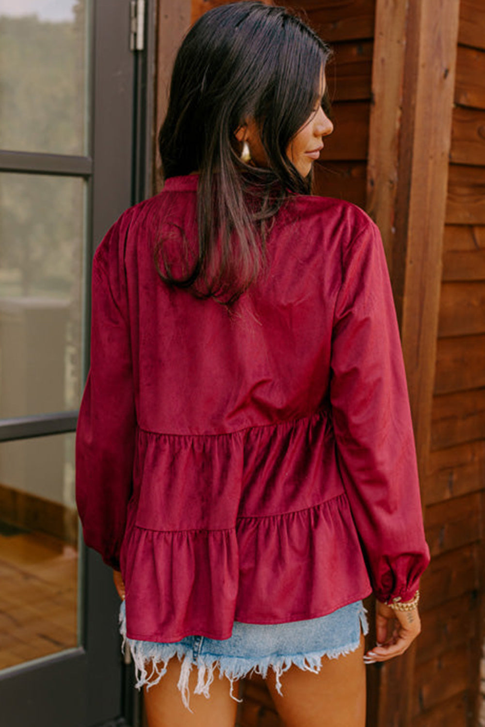 Cranberry Corduroy Tiered Blouse