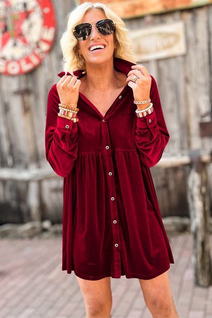 Cranberry Velvet Shirt Dress