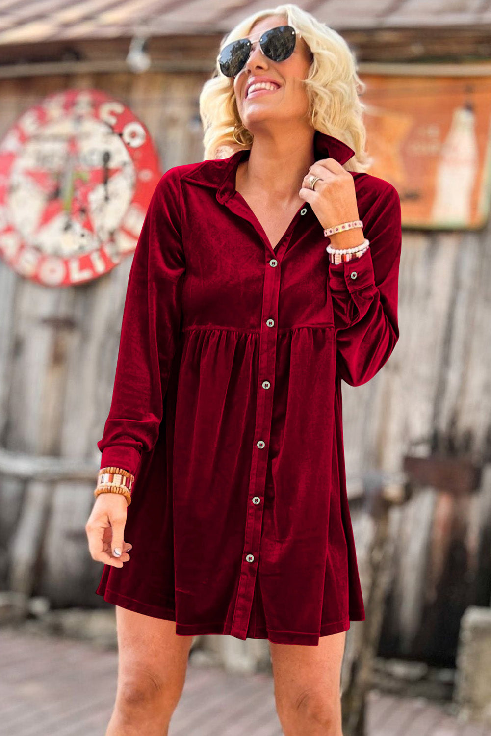 Cranberry Velvet Shirt Dress
