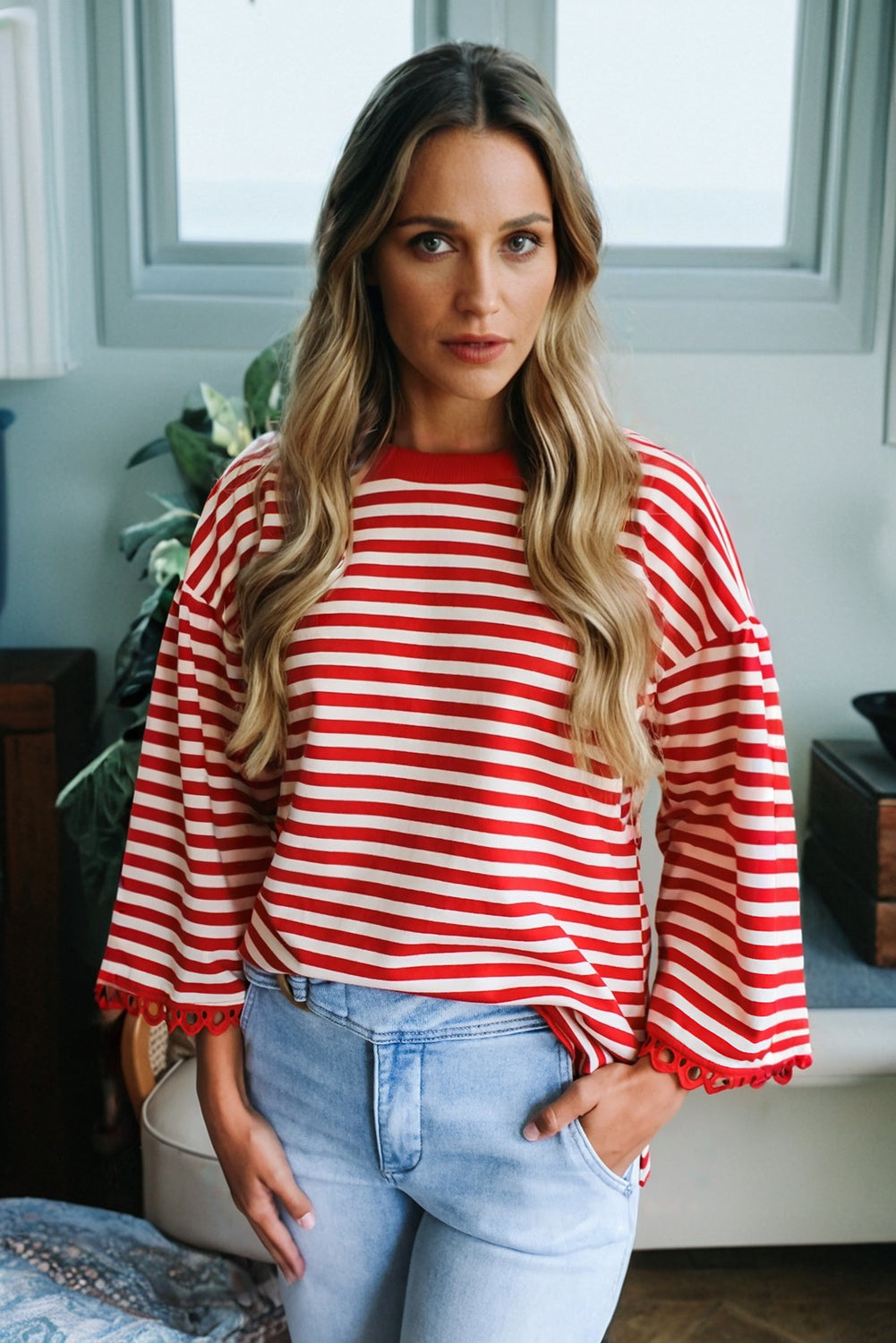 Coastal Stripe Lace Trim Top