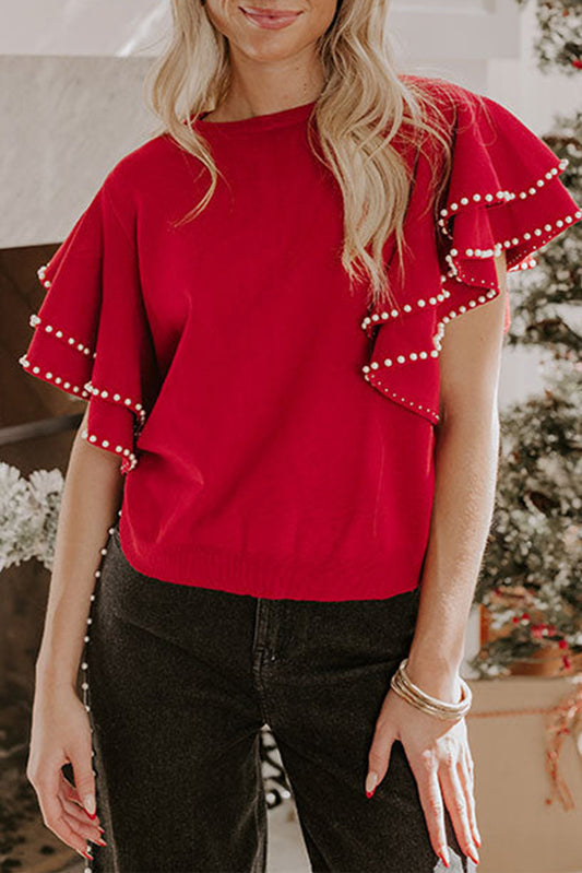 Peppermint Pearl Ruffle Short Sleeve Sweater