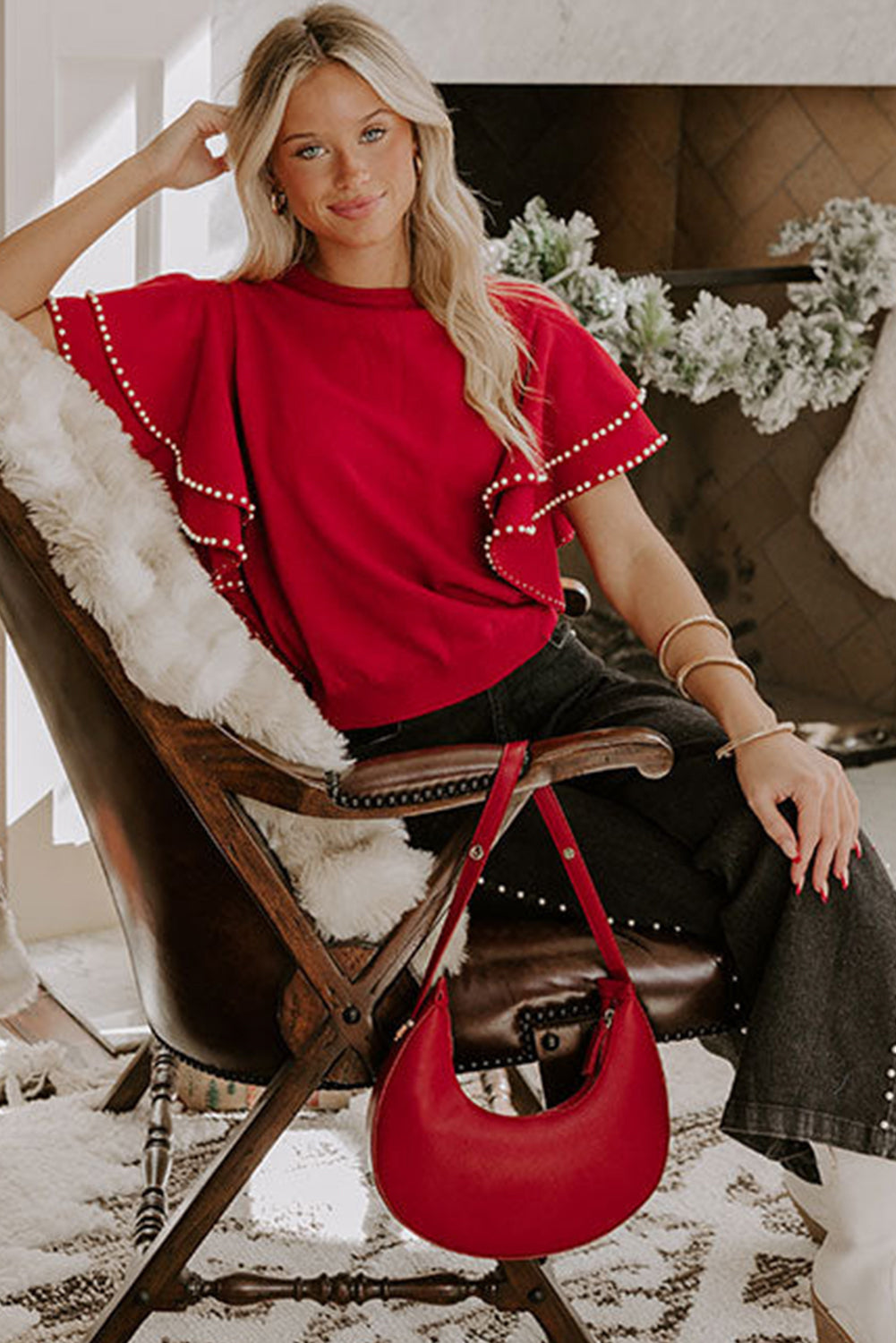 Peppermint Pearl Ruffle Short Sleeve Sweater