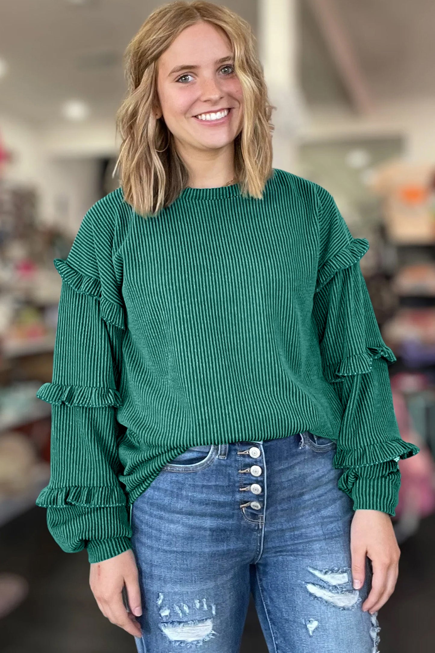 Emerald Whisper Ruffle Knit Top