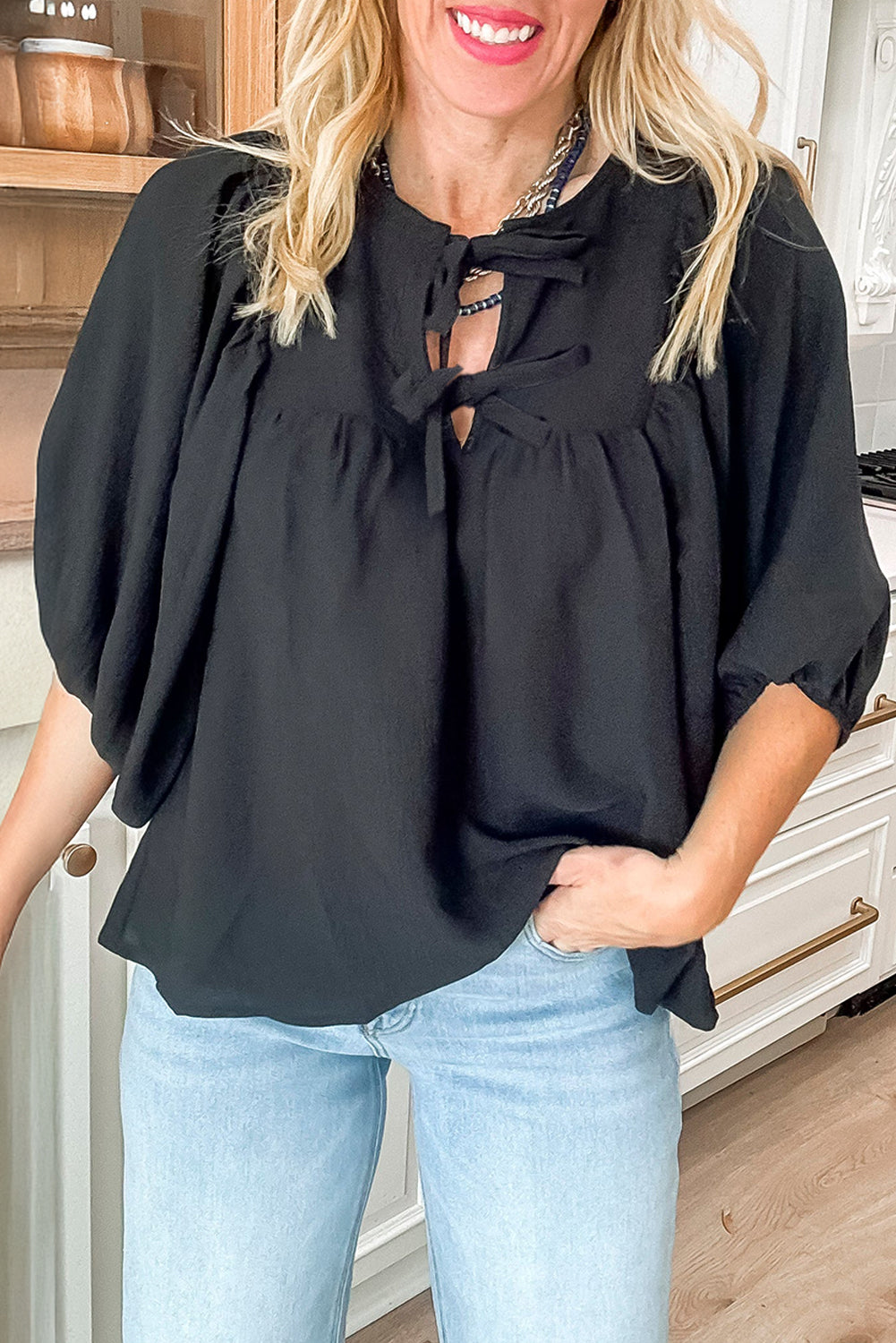Classic Bow Split-Neck Blouse