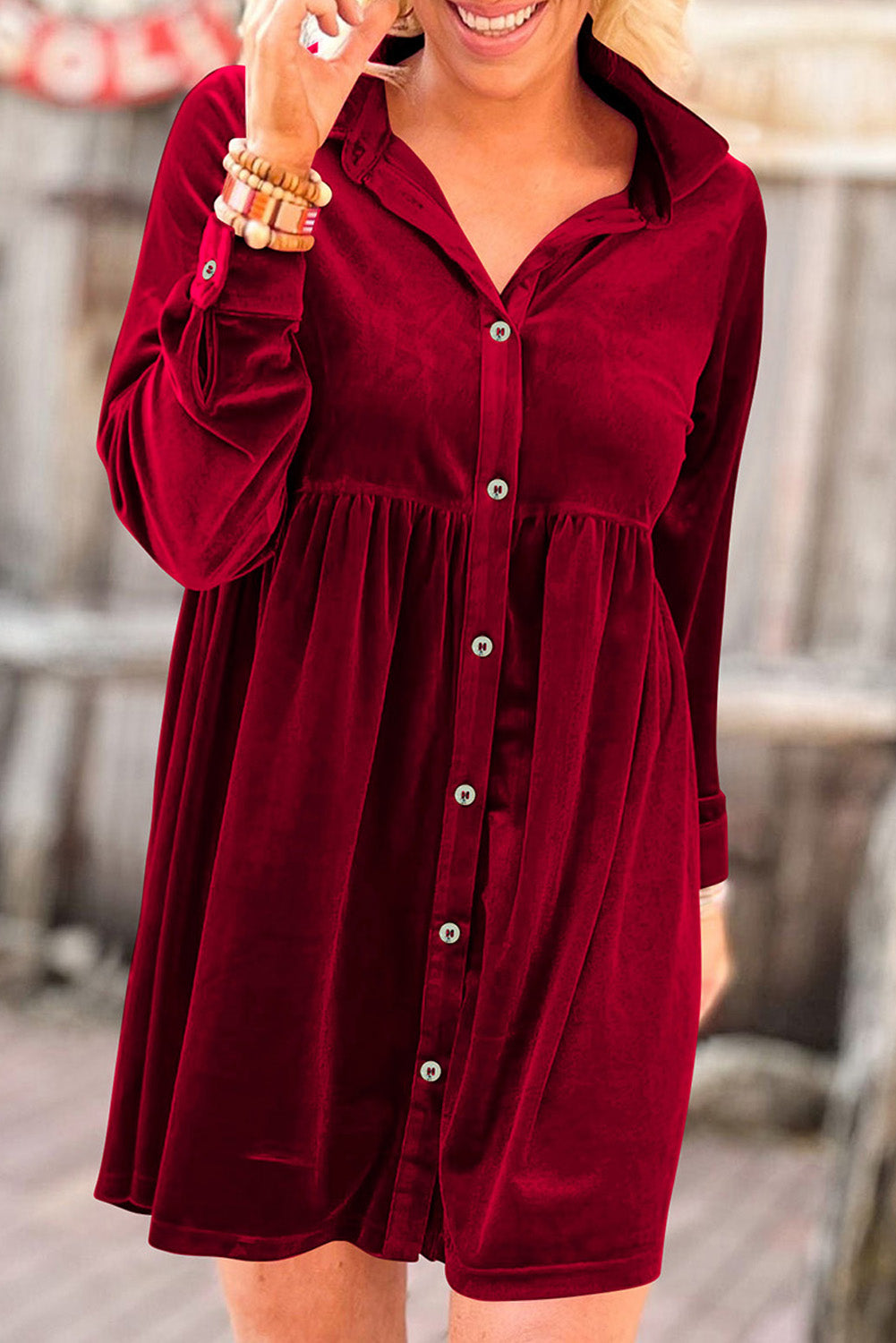 Cranberry Velvet Shirt Dress