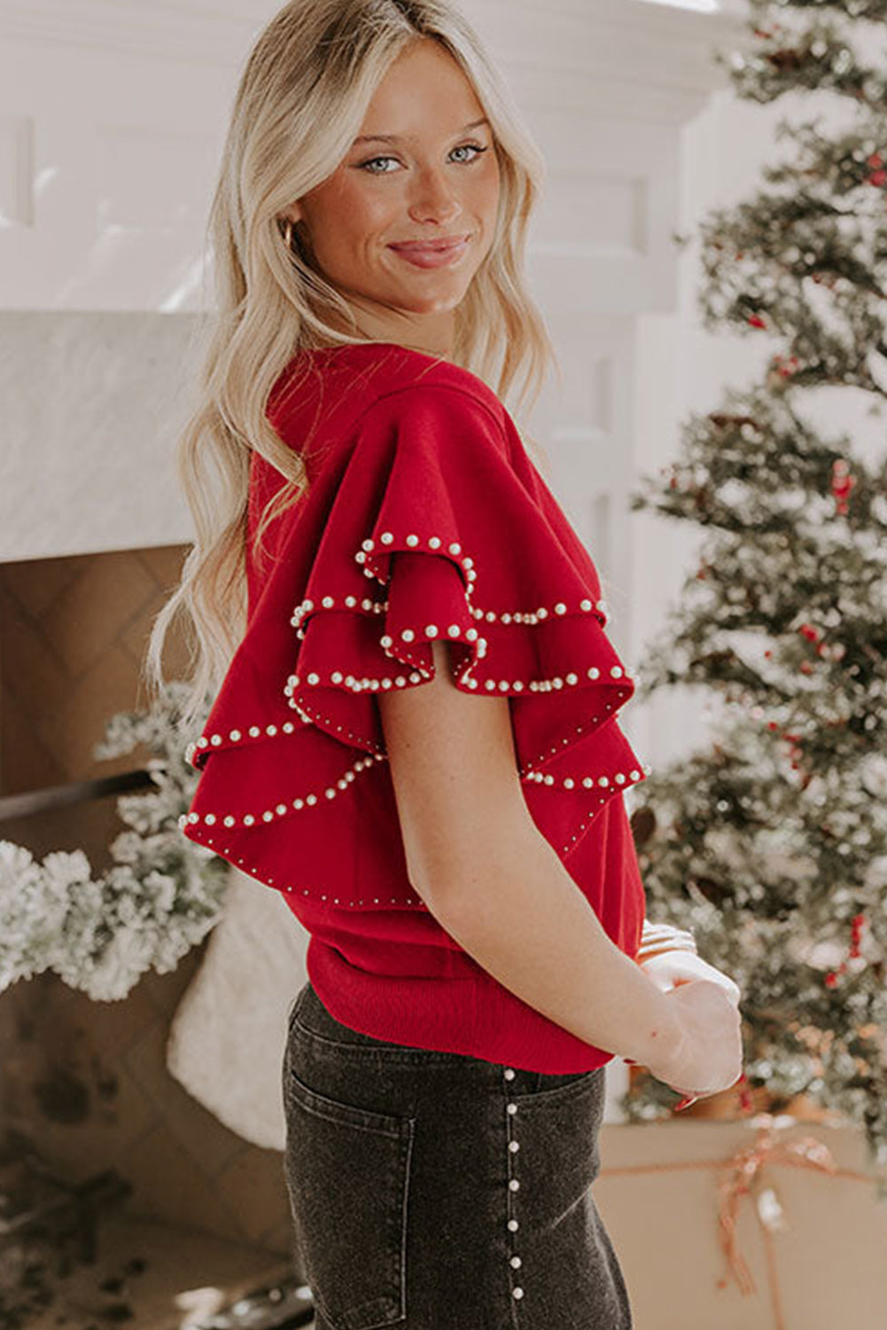 Peppermint Pearl Ruffle Short Sleeve Sweater