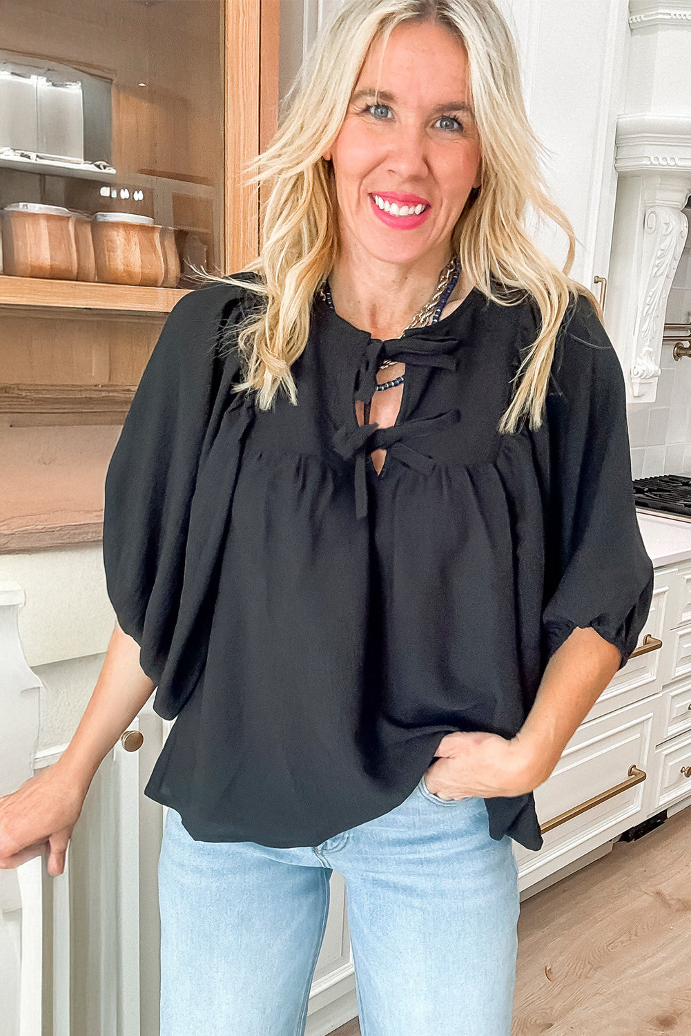 Classic Bow Split-Neck Blouse