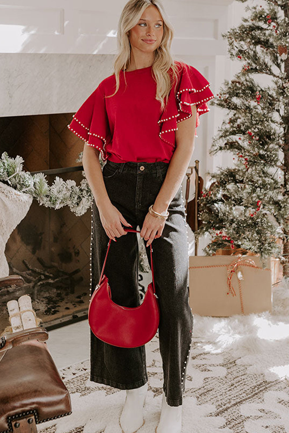 Peppermint Pearl Ruffle Short Sleeve Sweater