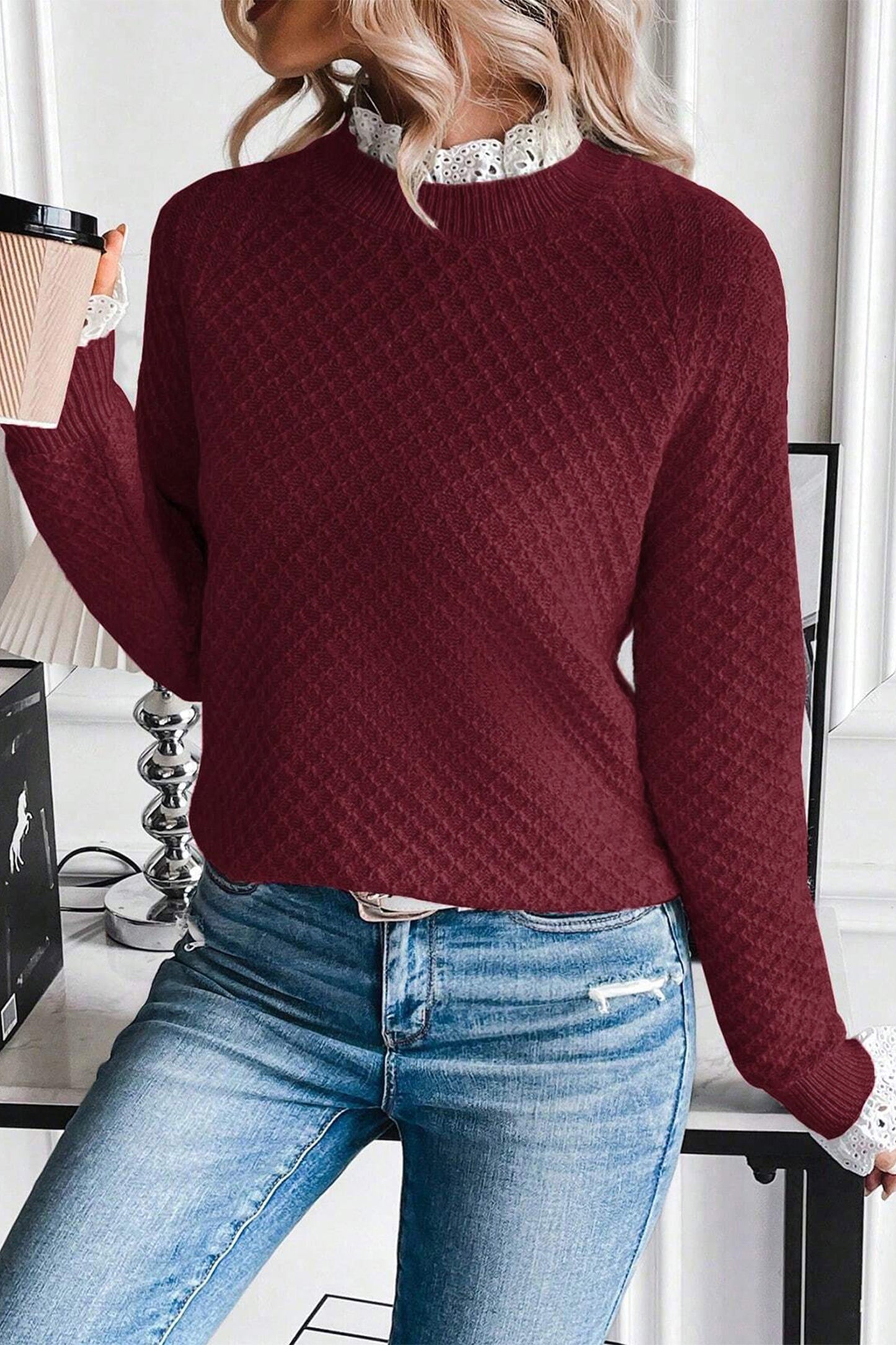 Crimson Lace Trim Sweater