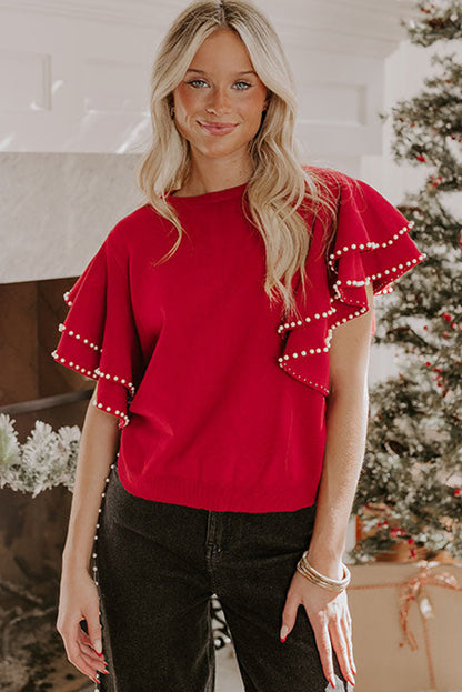 Peppermint Pearl Ruffle Short Sleeve Sweater
