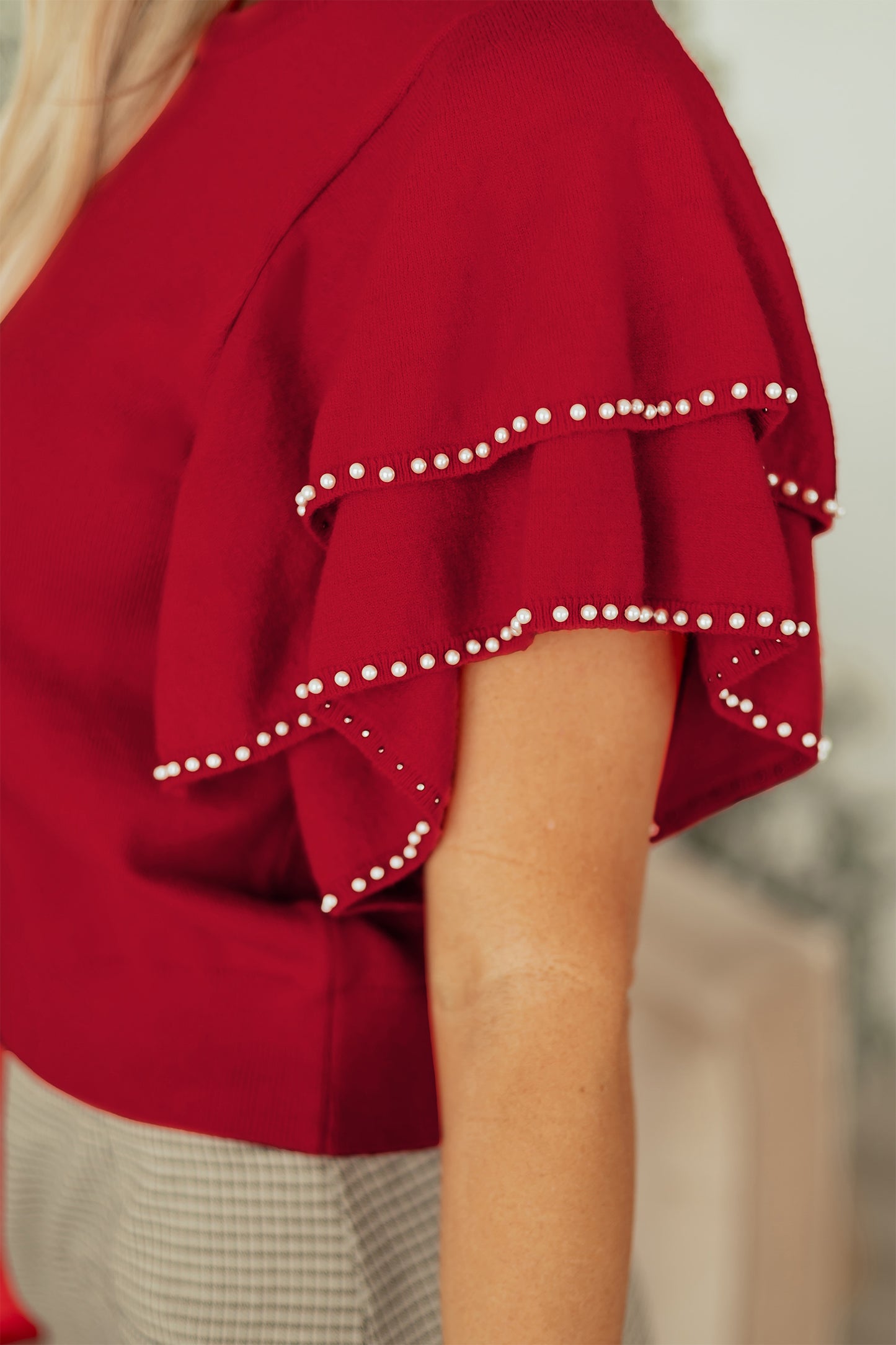 Scarlet Pearl Ruffle Sweater