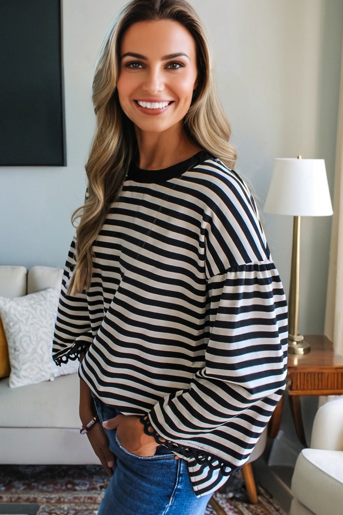 Coastal Stripe Lace Trim Top