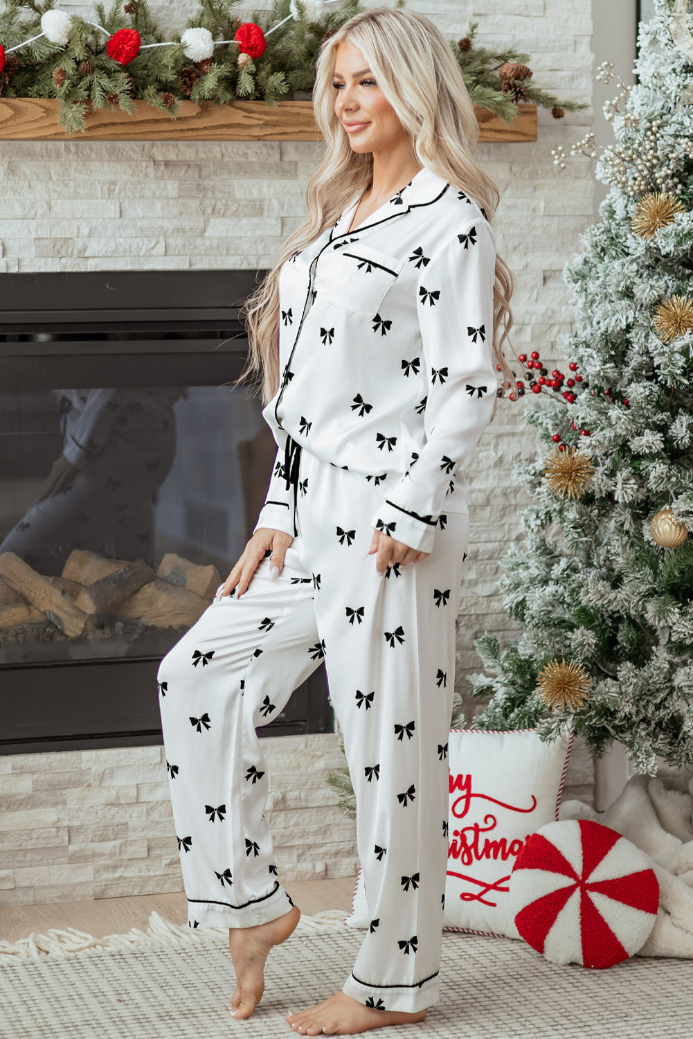 Midnight Bow Satin Pajama Set